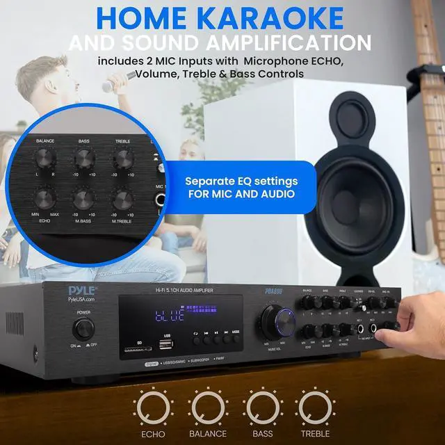 Alt view image 5 of 7 - Pyle Multi-Channel Bluetooth Home Amplifier - 5.1 Channel Audio System with FM Radio, USB/SD Readers, Built-in Bluetooth - PDA8BU
