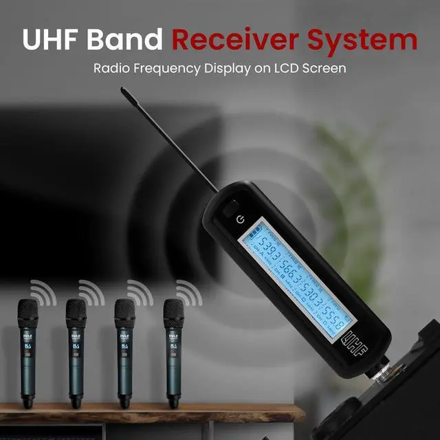 Alt view image 3 of 7 - Pyle UHF Quad Channel Wireless Microphone System - Includes (4) Handheld Microphones (Green)