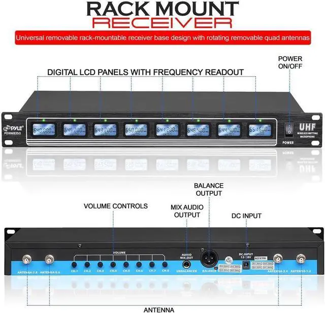 Alt view image 2 of 7 - Pyle 8-Channel UHF Wireless Microphone System with Rack Mount - PDWM8350