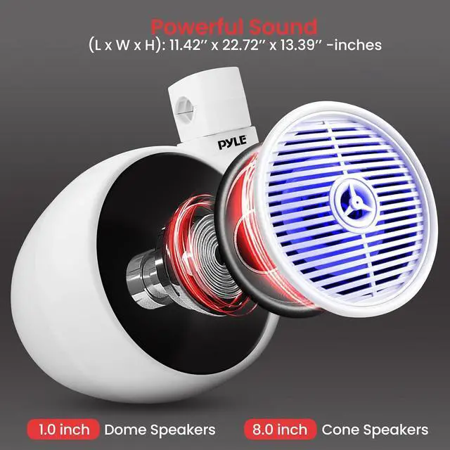 Alt view image 2 of 7 - Pyle 8" Marine Wakeboard Bluetooth Speakers with LED Lights - Dual 2-Way 300W System PLMRWKBT82WT