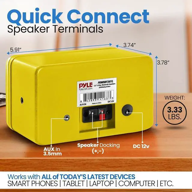 Alt view image 2 of 7 - Pyle 3.5" 2-Way Indoor/Outdoor Bluetooth Speakers with Polymer Tweeter - Yellow PDWRBT36YL