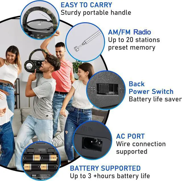 Alt view image 5 of 7 - Pyle Portable CD Player Boombox with AM/FM Stereo Radio & Bluetooth - Army PHCD55