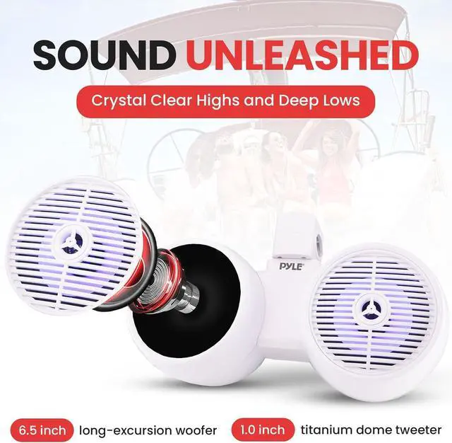 Alt view image 2 of 7 - Pyle 6.5" Marine Wakeboard Speakers with LED Lights - Dual 2-Way Water Resistant System, White PLMRWK61WT