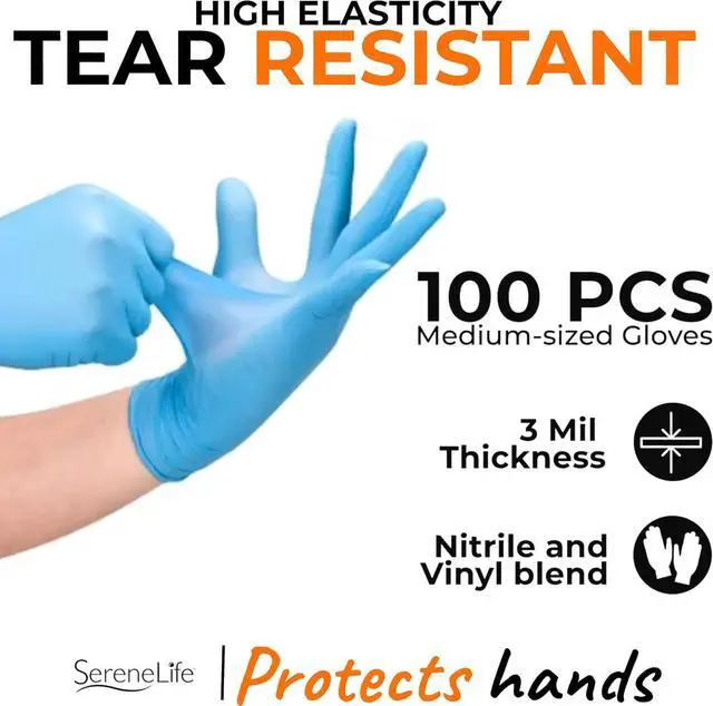 Alt view image 4 of 7 - SereneLife 100 Pcs. Soft Industrial Gloves - Nitrile & Vinyl Powder-Free Disposable Gloves (Medium Size), SKU SLGLVNIT100MD