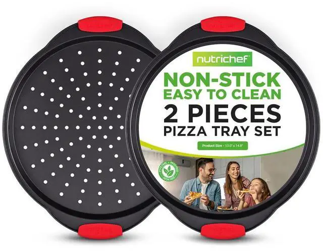 Main image of NutriChef 2-Pc. Non-Stick Pizza Tray with Silicone Handle - Round Steel Pizza Pan with Perforated Holes, SKU NCBPIZX2