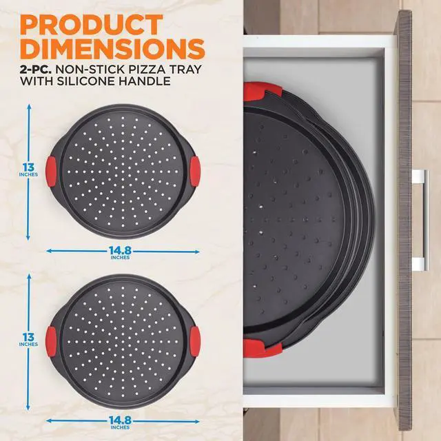 Alt view image 4 of 7 - NutriChef 2-Pc. Non-Stick Pizza Tray with Silicone Handle - Round Steel Pizza Pan with Perforated Holes, SKU NCBPIZX2