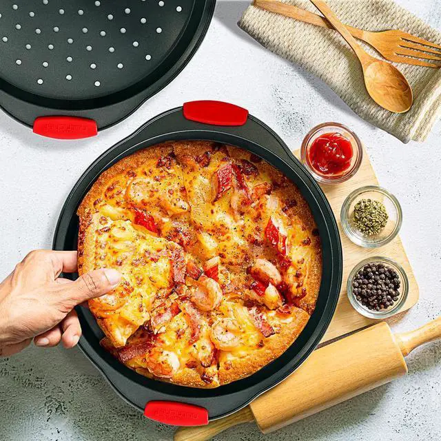 Alt view image 6 of 7 - NutriChef 2-Pc. Non-Stick Pizza Tray with Silicone Handle - Round Steel Pizza Pan with Perforated Holes, SKU NCBPIZX2