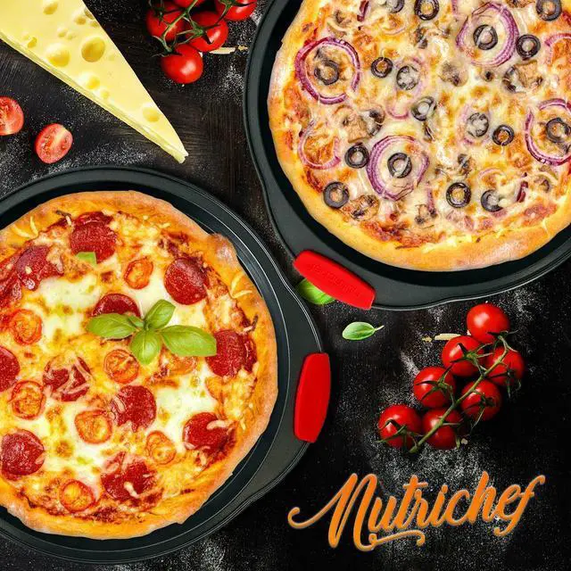 Alt view image 3 of 7 - NutriChef 2-Pc. Non-Stick Pizza Tray with Silicone Handle - Round Steel Pizza Pan with Perforated Holes, SKU NCBPIZX2
