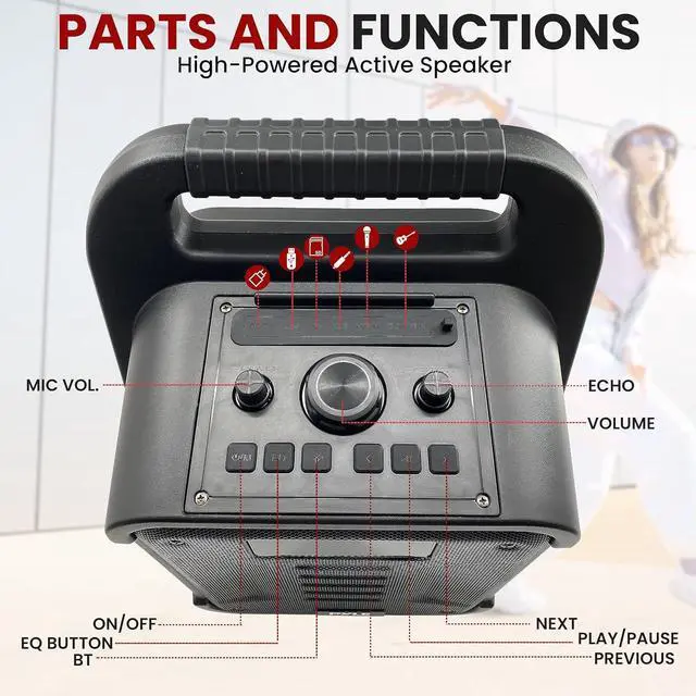 Alt view image 5 of 5 - PyleUsa PPHP87TLB Portable Bluetooth PA Speaker - 360W 8 Karaoke Remote - Black