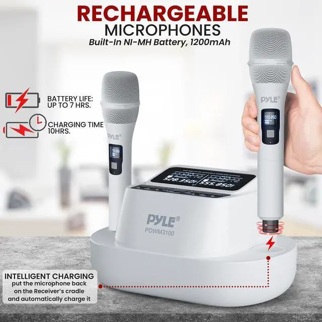 Alt view image 5 of 7 - Pyle UHF Wireless Microphone System - Includes (2) USB Rechargeable Battery Handheld Mics, Fixed Frequency, SKU PDWM3100