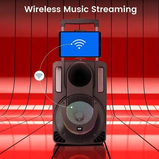 Alt view image 4 of 7 - Pyle 15" Bluetooth Portable PA Speaker System - Wireless Karaoke Audio with Rechargeable Battery, Party LED Lights, Tablet Stand & Wireless Microphones, SKU PHPWA15TB