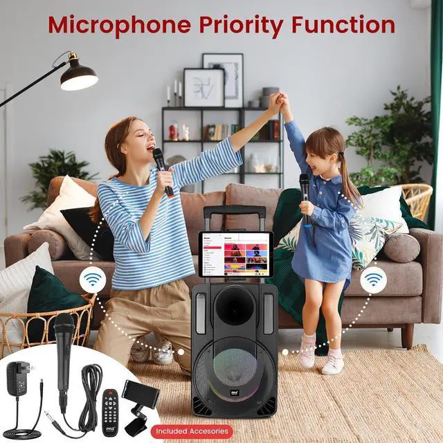 Alt view image 5 of 7 - Pyle 15" Bluetooth Portable PA Speaker System - Wireless Karaoke Audio with Rechargeable Battery, Party LED Lights, Tablet Stand & Wireless Microphones, SKU PHPWA15TB