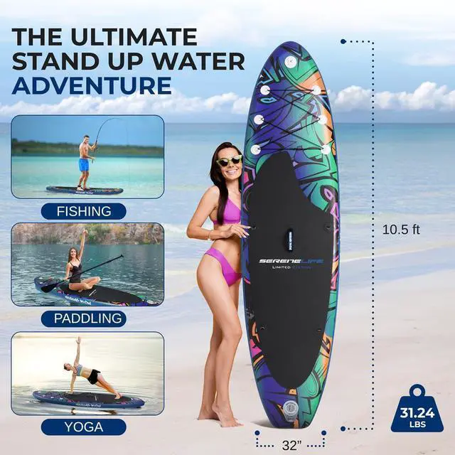 Alt view image 3 of 7 - SereneLife Rising Flow Inflatable Stand-Up Paddle Board (SUP) - 106 with Waterproof Mobile Phone Case & Accessories, SLSUPB636