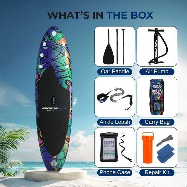 Alt view image 7 of 7 - SereneLife Rising Flow Inflatable Stand-Up Paddle Board (SUP) - 106 with Waterproof Mobile Phone Case & Accessories, SLSUPB636