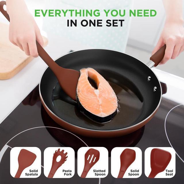 Alt view image 6 of 7 - NutriChef 17-Piece Stackable Non-Stick Kitchenware Cookware Set - Brown (NCCWSTKBR)