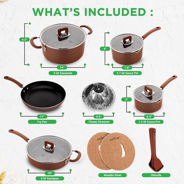 Alt view image 2 of 7 - NutriChef 17-Piece Stackable Non-Stick Kitchenware Cookware Set - Brown (NCCWSTKBR)
