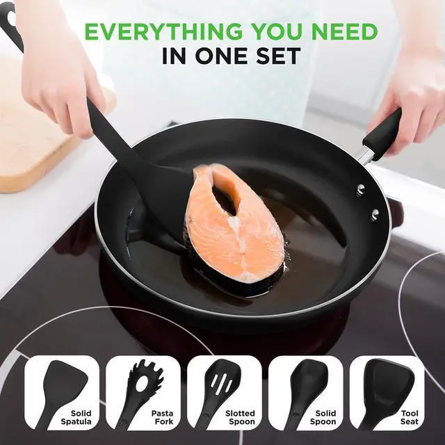 Alt view image 3 of 7 - NutriChef 17-Piece Stackable Non-Stick Kitchenware Cookware Set  Black (NCCWSTKBLK)