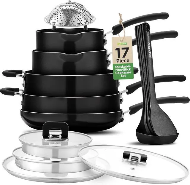 Main image of NutriChef 17-Piece Stackable Non-Stick Kitchenware Cookware Set  Black (NCCWSTKBLK)