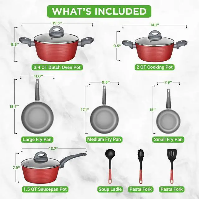 Alt view image 2 of 7 - NutriChef 12-Piece Non-Stick Kitchenware Pots & Pans Set  Red (NCCW12RED)
