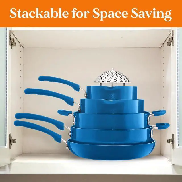 Alt view image 6 of 7 - NutriChef 17-Piece Stackable Non-Stick Kitchenware Cookware Set  Blue (NCCWSTKBUL)