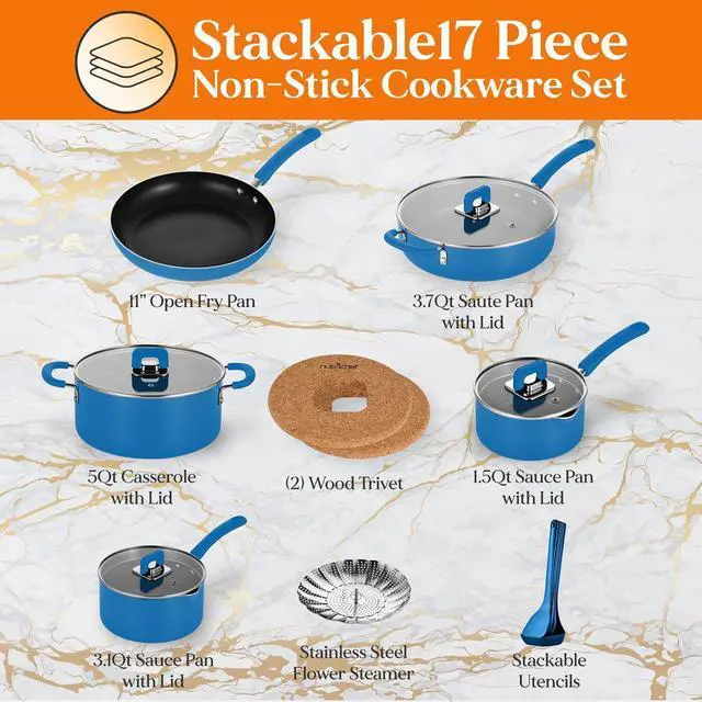 Alt view image 7 of 7 - NutriChef 17-Piece Stackable Non-Stick Kitchenware Cookware Set  Blue (NCCWSTKBUL)