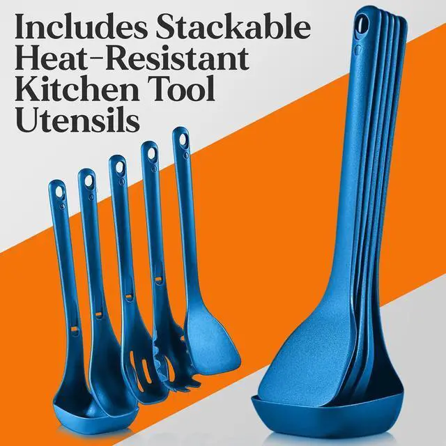 Alt view image 4 of 7 - NutriChef 17-Piece Stackable Non-Stick Kitchenware Cookware Set  Blue (NCCWSTKBUL)