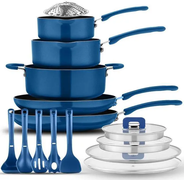 Main image of NutriChef 17-Piece Stackable Non-Stick Kitchenware Cookware Set  Blue (NCCWSTKBUL)