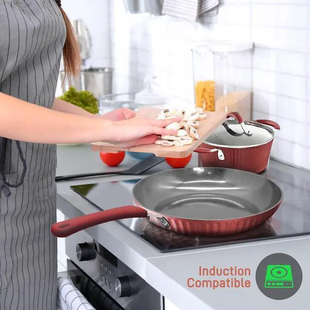 Alt view image 4 of 7 - NutriChef 11-Piece Ceramic Non-Stick Kitchen Cookware Set - Red (NCCW11RDL)
