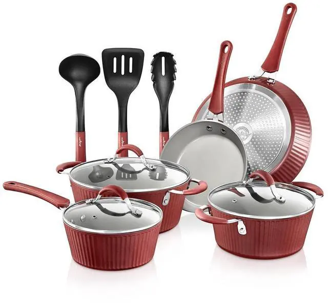 Main image of NutriChef 11-Piece Ceramic Non-Stick Kitchen Cookware Set - Red (NCCW11RDL)