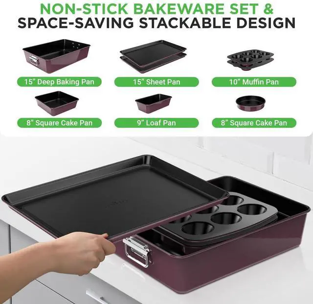 Alt view image 5 of 7 - NutriChef 8-Piece Non-Stick Stackable Carbon Steel Bakeware Set - Purple (NCBKSTK5)