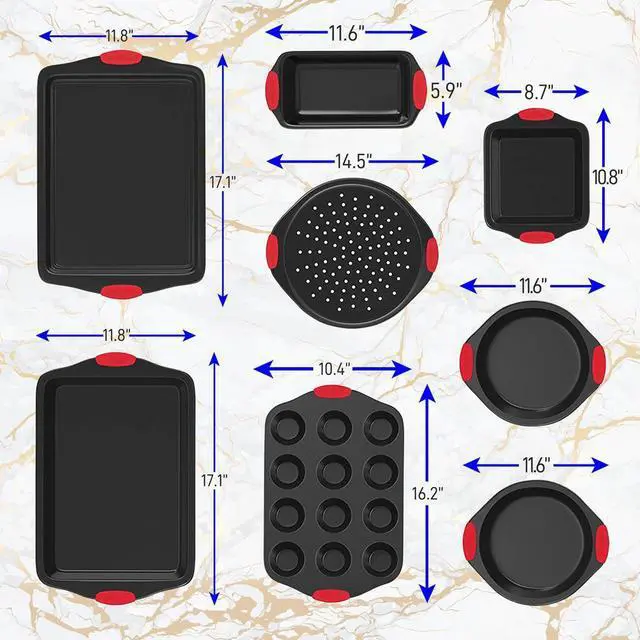 Alt view image 4 of 7 - NutriChef 8-Piece Non-Stick Carbon Steel Bakeware Set with Red Silicone Handles - Gray Coating (NCSBS8S)