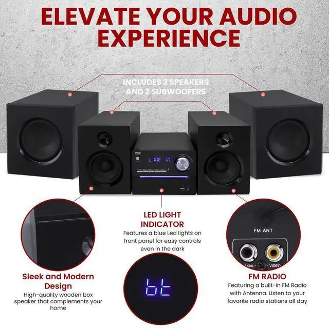 Alt view image 5 of 7 - Pyle 3-Piece Wireless Bluetooth Streaming Stereo System with FM Radio, USB, Bass Reflex Speaker & Remote Control (PHSKR22)