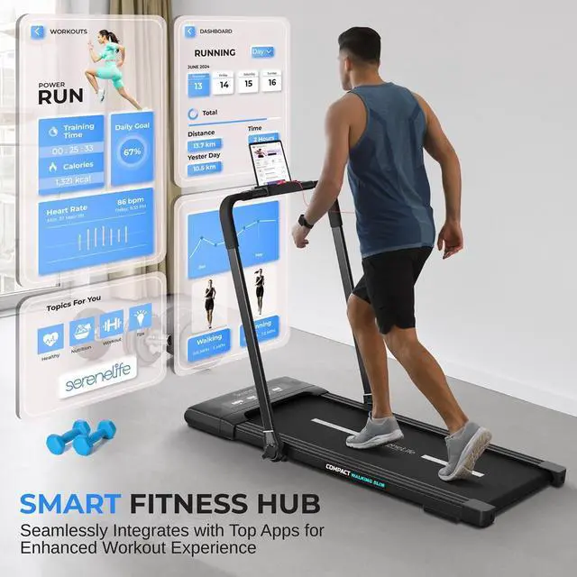 Alt view image 6 of 7 - SereneLife Folding Motorized Treadmill - 2.5HP Digital Smart Running Machine with Bluetooth & LED Display (SLFOLD20)