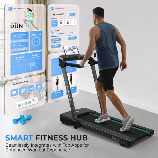 Alt view image 2 of 7 - SereneLife Folding Motorized Treadmill - 2.5HP Electric Smart Running Machine with Bluetooth & LED Display (SLFOLD30)