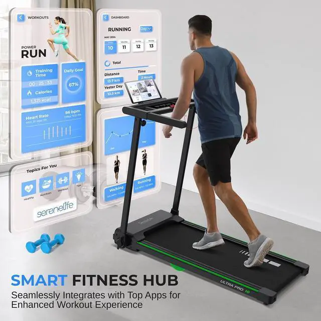 Alt view image 2 of 7 - SereneLife Folding Motorized Treadmill - 2.5HP Digital Running Machine with Bluetooth & LED Display (SLFOLD10)
