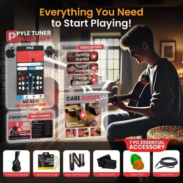 Alt view image 2 of 7 - Pyle 40" Electric Acoustic Guitar Kit with Amplifier & Accessories - Natural Matte Finish (PEAGKT100)