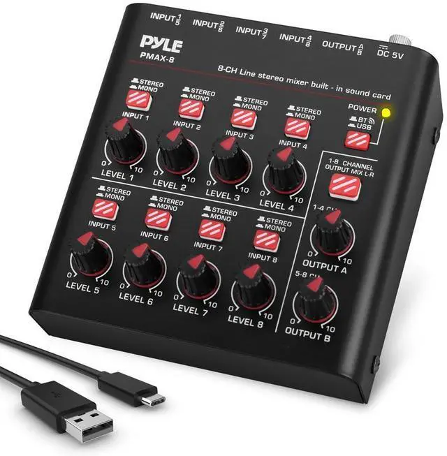 Main image of Pyle 8-Channel Wireless Bluetooth Mini Line Mixer with USB Audio Interface - PMAX8