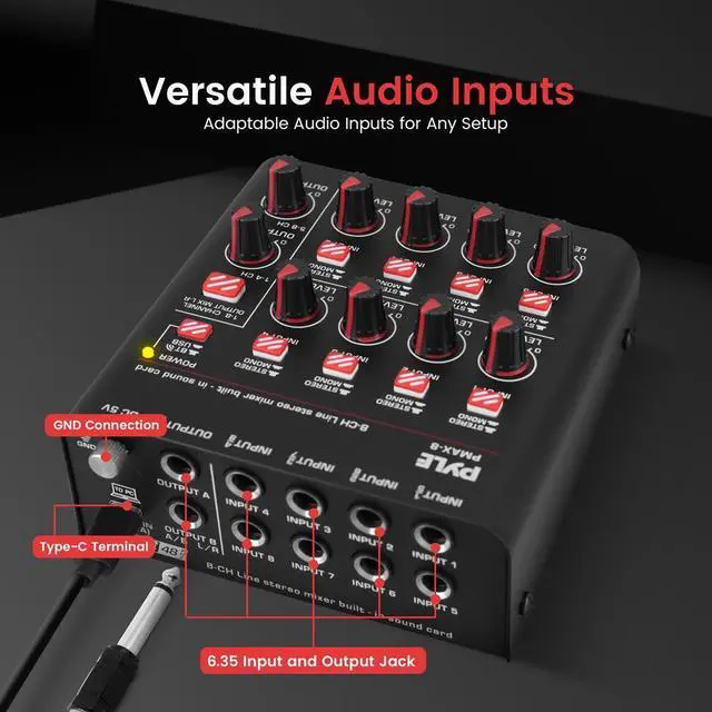 Alt view image 2 of 7 - Pyle 8-Channel Wireless Bluetooth Mini Line Mixer with USB Audio Interface - PMAX8