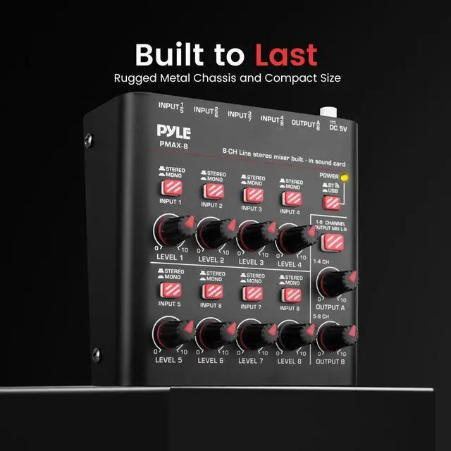 Alt view image 3 of 7 - Pyle 8-Channel Wireless Bluetooth Mini Line Mixer with USB Audio Interface - PMAX8