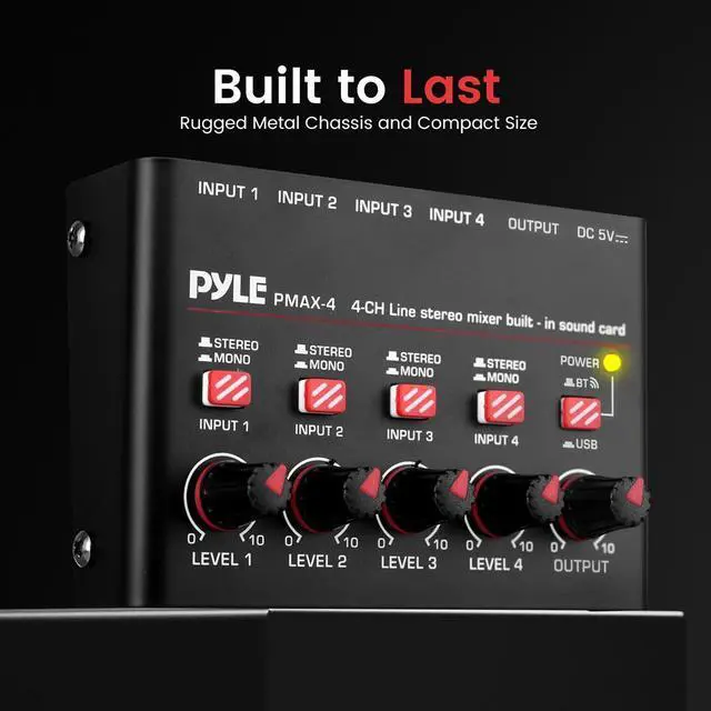Alt view image 5 of 7 - Pyle 4-Channel Wireless Bluetooth Streaming Mini Line Mixer with USB Audio Interface - PMAX4