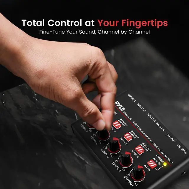 Alt view image 2 of 7 - Pyle 4-Channel Wireless Bluetooth Streaming Mini Line Mixer with USB Audio Interface - PMAX4