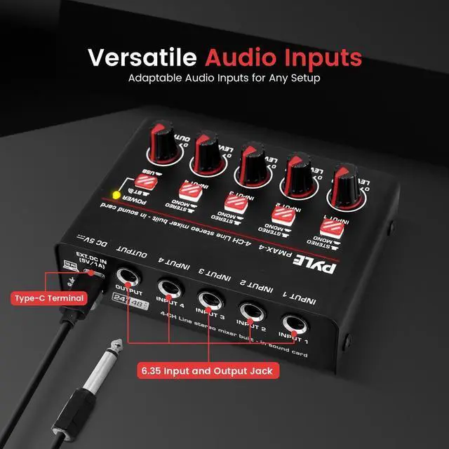 Alt view image 6 of 7 - Pyle 4-Channel Wireless Bluetooth Streaming Mini Line Mixer with USB Audio Interface - PMAX4