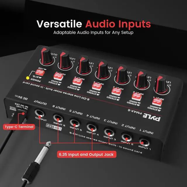 Alt view image 6 of 7 - Pyle 6-Channel Wireless Bluetooth Streaming Mini Line Mixer with USB Audio Interface - PMAX6