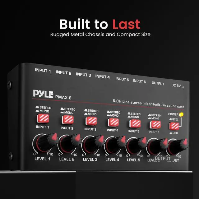 Alt view image 3 of 7 - Pyle 6-Channel Wireless Bluetooth Streaming Mini Line Mixer with USB Audio Interface - PMAX6