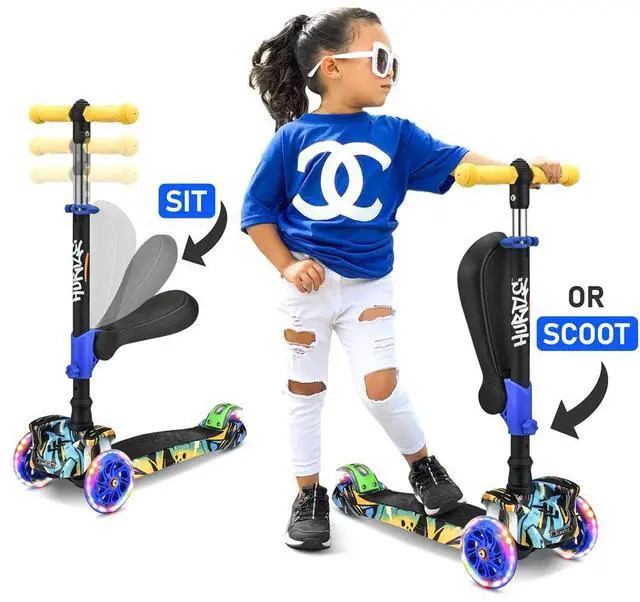 Main image of Hurtle ScootKid 3-Wheel Kids Scooter - LED Wheels, Fold-Out Seat, Ages 1+ (HURLEZ)