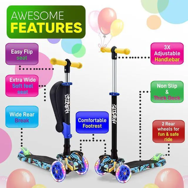 Alt view image 3 of 7 - Hurtle ScootKid 3-Wheel Kids Scooter - LED Wheels, Fold-Out Seat, Ages 1+ (HURLEZ)