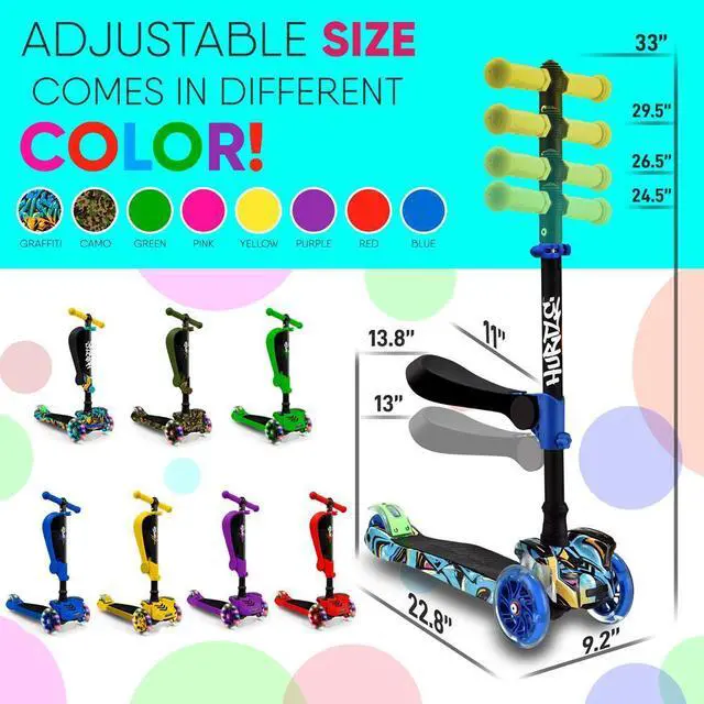 Alt view image 7 of 7 - Hurtle ScootKid 3-Wheel Kids Scooter - LED Wheels, Fold-Out Seat, Ages 1+ (HURLEZ)