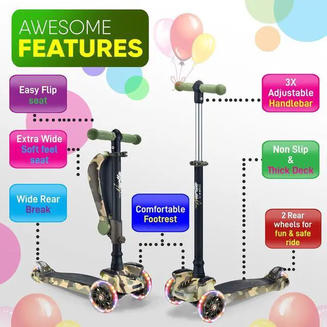 Alt view image 5 of 7 - Hurtle ScootKid 3-Wheel Kids Scooter - LED Wheels, Fold-Out Seat, Ages 1+ (HURLEX)