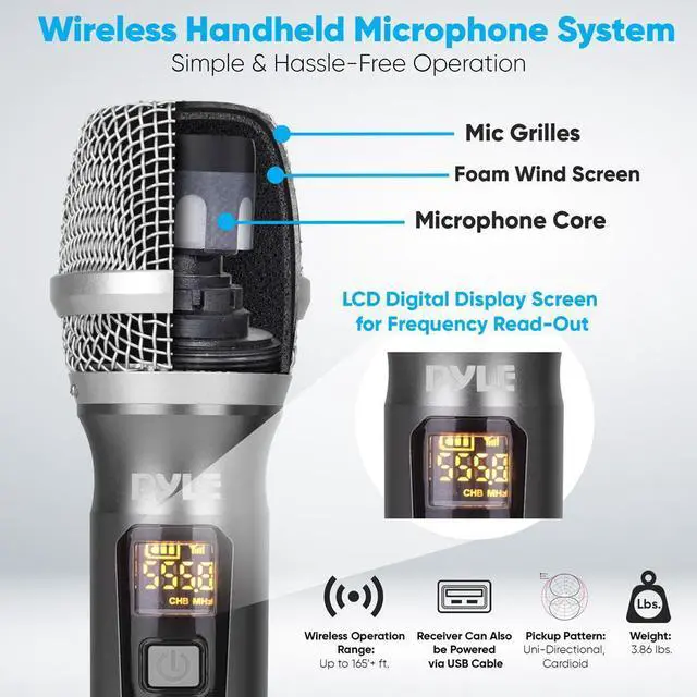 Alt view image 2 of 4 - Pyle UHF Wireless Microphone System - Handheld Mic & Wireless Transmitter with Universal Plug-and-Play Audio (PDWMU214)