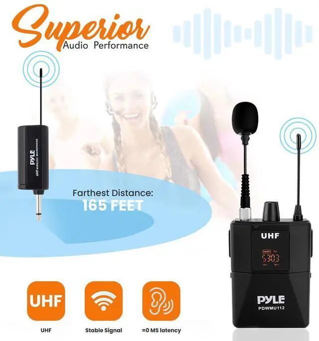 Alt view image 6 of 7 - Pyle Universal UHF Wireless Microphone System - Lavalier Mic, Headset Mic, Beltpack Transmitter & Receiver (PDWMU112)